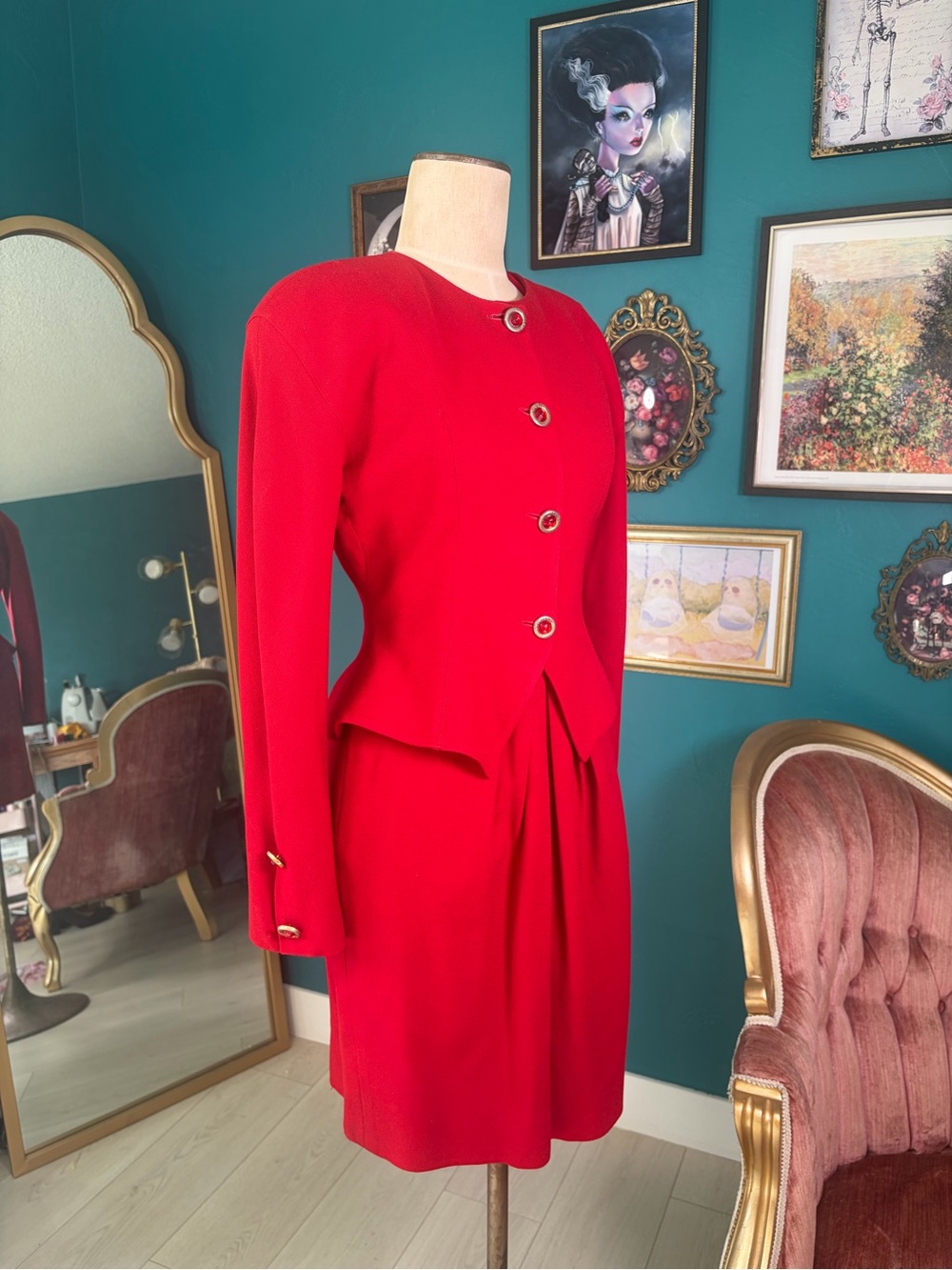 Vintage Red Skirt Suit Louis Feraud Paris Buttons 80s Power Suit 2 Piece sz 4